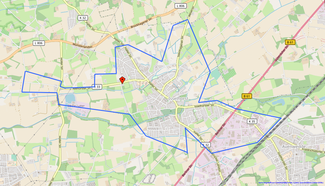 Kartenskizze des Versorgungsgebiets des Wasserbeschaffungsverbands Isselhorst mit markierten Gemeindeteilen und Ortsgrenzen.